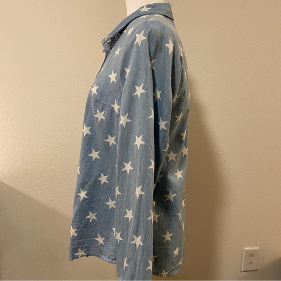 ModCloth Blue Cotton Chambray Star Print Long-Sleeve Button Shirt - Picture 7 of 15